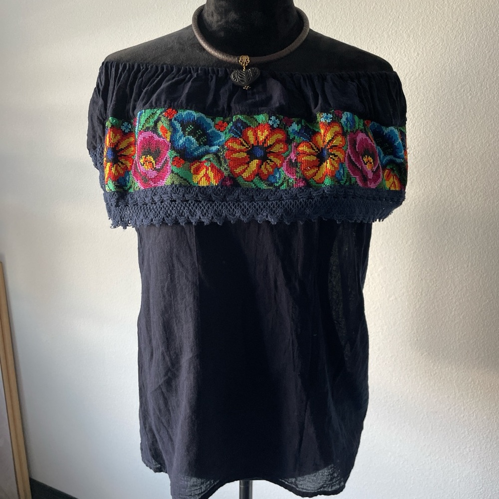 Mexican navy blue Traditional Campesina off the shoulder blouse
